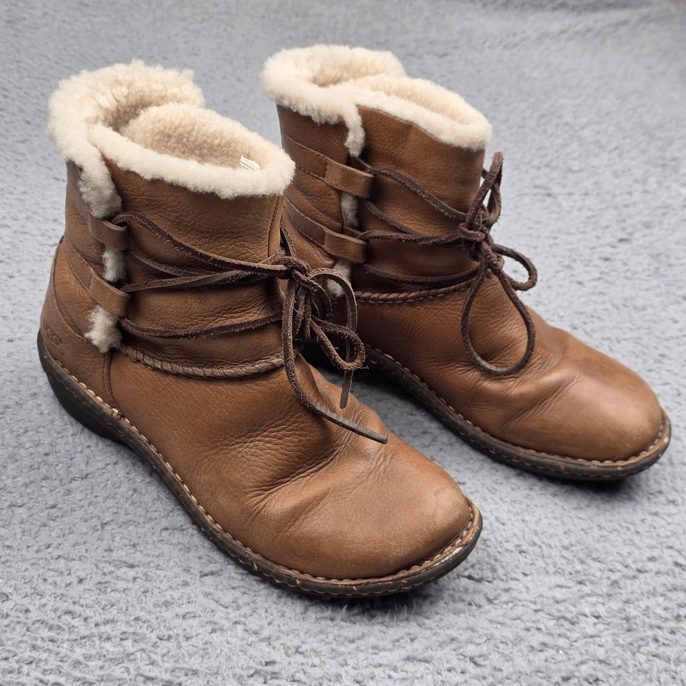 UGG Australia 1932 Ankle Boots Womens 7 Brown Leather Shearling Lace Up Cozy